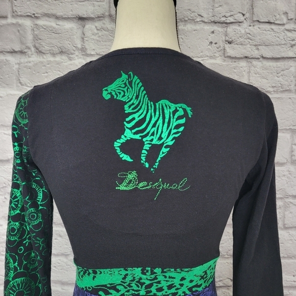 Desigual dress black green blue fit flare long sleeve dragon zebra detail Sz S - Picture 9 of 15